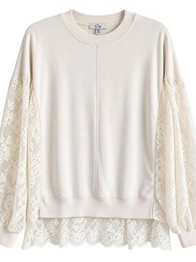 Clu Cream Lace Sleeve Mixed Media Sweatshirt Top XS Made in USA